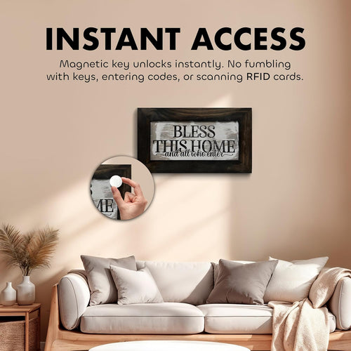 Bless This Home and All Who Enter Hidden Gun Storage Wall Decor - Hand-Painted Gun Concealment Decor - Gun Shelf Hidden Storage with Magnetic Lock for Quick Access - Made In USA